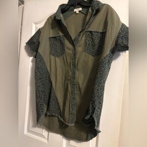 Umgee Olive Button-Up Shirt with Leopard Trim